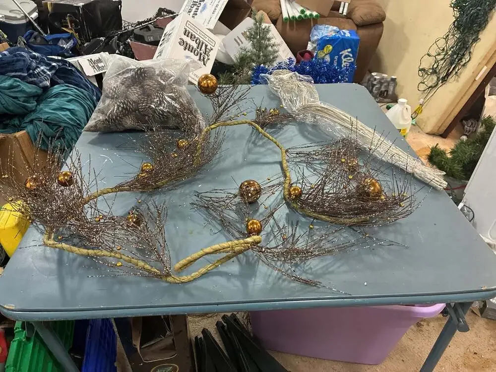 Gold Glittered Twig Christmas Garland with Beaded Ornaments and Decorative Pinec